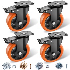 ASRINIEY 5" Caster Wheels - Orange Polyurethane Swivel Wheels With Top Plate - Set of 4 Heavy Duty Locking Casters for Furniture and Workbench - With Brake