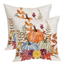 Fall Decor Pillow Covers 18x18 Inches Pack of 2 Orange Blue Pumpkin Leaves Throw Pillow Covers, Autumn Thanksgiving Decoration Pillowcase Farmhouse Decorative Cushion Case for Home Sofa Outdoor