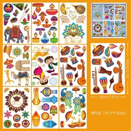 Diwali Decorations for House Window Stickers Set Vibrant Traditional Indian Elements Featuring Oil Lamps, Mandalas, Festive Characters, Musical Instruments, and Animal Designs Celebrate Holiday Happy