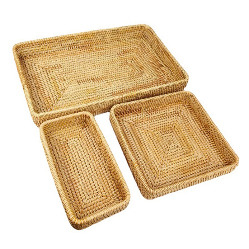 Rattan Tray Tabletop Organization Hand Woven Snack Storage Basket Multifunctional