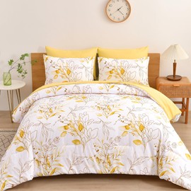 WONGS BEDDING Yellow Botanical Comforter Set Full, 7 Pieces Floral Bed in a Bag Gloden Leaves Bedding Set Soft Microfiber Full(1 Comforter,2 Pillowcase,2 Pillow Shams,1 Flat Sheet,1 Fitted Sheet)