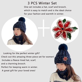 LYGGIE Winter Knit Pom Pom Beanie Hat Scarf Red Christmas Flower Brooch Pin 3 PCS Winter Set for Women Fleece Lined Knit Ski Hat Winter Warm Cap and Neck Warmer for Girls