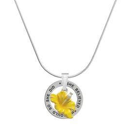 Delight Jewelry Silvertone Yellow Hibiscus Flower - Silvertone She Believed She Could So She Did Message Ring Necklace, 18"