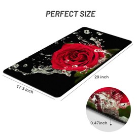 Red Rose Flower Kitchen Rugs Black Anti Fatigue Mats for Kitchen Floor Cushioned Non Slip Waterproof Memory Foam Mat for Bedroom Office Bathroom Sink