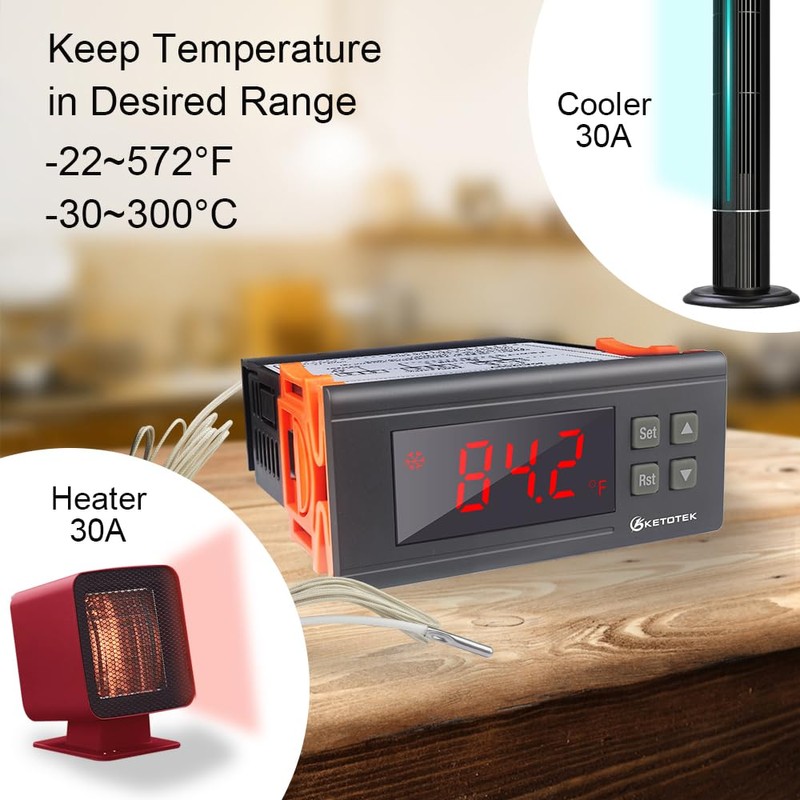 KETOTEK KT8230 Digital Temperature Controller Thermostat Regulator 120VAC 30A Fahrenheit