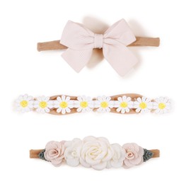 cherrboll Baby Girl Nylon Headbands, 3Pcs Handmade Floral Hair Bows, Stretchy Flower Hairbands for Newborns Infants Toddlers