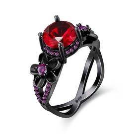 Uloveido Black Gothic Flower Promise Rings for Women with Round Cut Red Cubic Zirconia Stone Engagement Wedding Jewellery Y357 (Black, M)