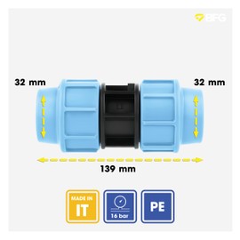 BFG MDPE Fitting für Wasserrohre, Muffe 32mm x 32mm, für MDPE Kunststoffrohre, 16 Bar, Max. Temp. 45°C, Klemmringverschraubungen