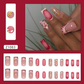 3D Lily Flower Press on Nails with French Tip Fake Nails Medium Square False Acrylic Nail Glossy Full Cover Artificial Glue on Nail for Women DIY Manicure