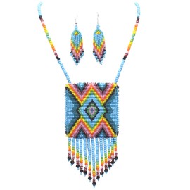 BeadsCorner Handmade beaded Cyan Blue Aztec pendant necklace set