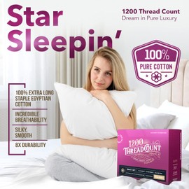 TEXAS LINEN CO. 100% Egyptian Cotton Sheets King Size Set - 1200 Thread Count Egyptian Cotton Luxury Sheets King Size, 17" Deep Pocket, Soft, Cooling Sateen Weave Hotel Quality Bedding Set - White