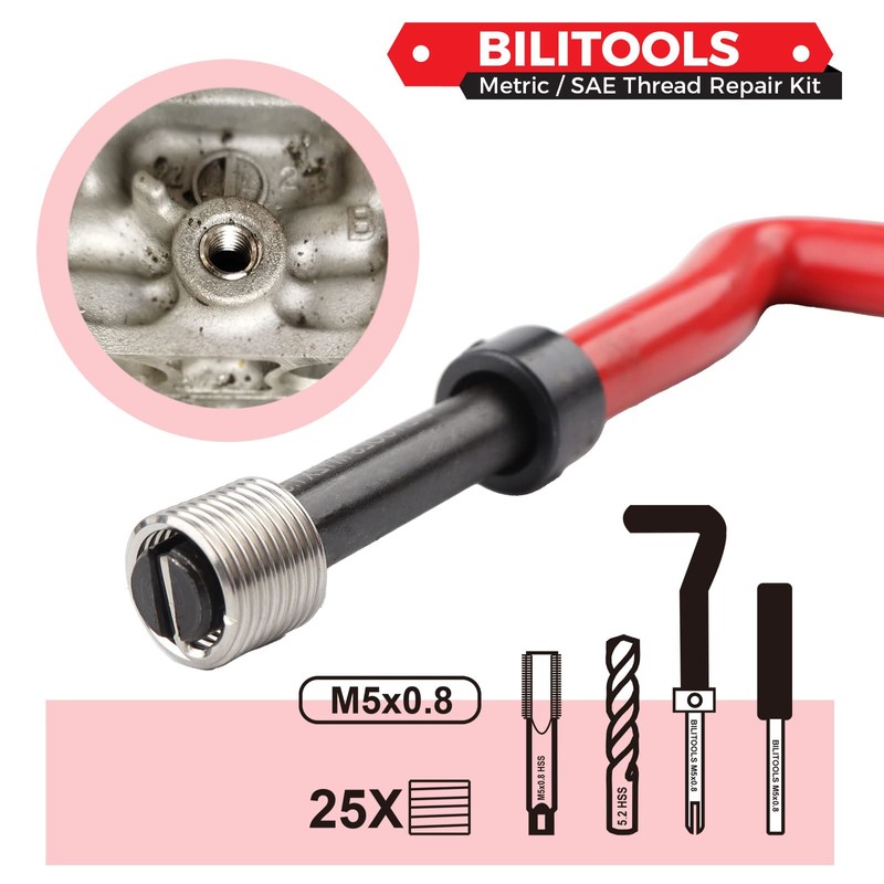 BILITOOLS M5x0.8 Thread Repair Kit, HSS Drill Helicoil Repair Kit