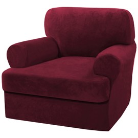 H.VERSAILTEX Sofa Cover 2 Piece T Cushion Armchair Slipcovers Velvet Couch Cover Furniture Protector Stretch T Cushion Sofa Covers for 1 Cushion Couch with 1 Individual T Cushion Covers, Burgundy