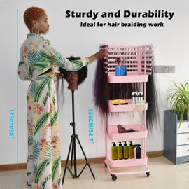 ICCTUO Braiding Hair Rack with 196 Pegs, Hair Extension Holder with 4 Tiers Storage Cart, Elegent Pink Braiding Rack Stand for Hair Braider, Sturdy Hair Rack for Salon, Home, Beauty School