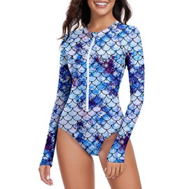 Century Star Women's Long Sleeve Rash Guard Swimsuits 2024 One Piece Modest Full Coverage High Neck Surfing Bathing Suit, Mermaid, 10-12
