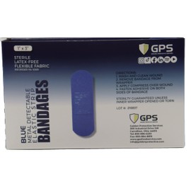GPS Blue Metal Detectable Elastic Strip Bandages, 1" x 3", Sterile, Latex-Free, Flexible Fabric, Food Service Safety, 100 Per Box