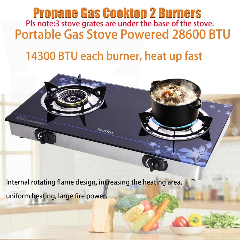 Hothit Gas Cooktop 2 Burner Outdoor Propane Stove, 28600 BTU,