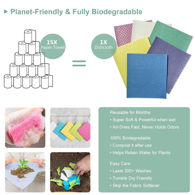RHVQ Swedish Dishcloths 6-Pack, Super Absorbent & Quick-Dry Reusable Dish