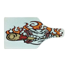 Lunarable Sports Cutting Board, Baseball Face Bite Bat Stitches Teeth Aggressive Angry Expression, Decorative Tempered Glass Cutting and Serving Board, Wine Bottle Shape, Orange Sand Brown Red