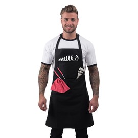 BBQ Aprons for Men, Funny Cooking BBQ Apron in 100% Cotton, Adjustable with 2 Pockets, Birthday, Christmas, Cooking Gifts for dad, chef, husband, him - Evolution of Man - Black