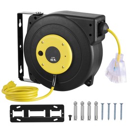 Happybuy Retractable Extension Cord Reel, 45 FT, Heavy Duty 12AWG/3C SJTOW Power Cord, Lighted Triple Tap Outlet, 15 Amp Circuit Breaker, 180° Swivel Bracket for Ceiling/Wall Mount