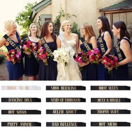 Snsowed 12 Pack- Bachelorette Party Bride To Be Sash- Unique Bride Bridesmaid Sashes for Bachelorette Party (Black, Rose Gold Letters)
