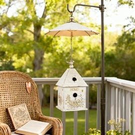 Vintage Metal Hanging Birdhouse, Home Decorative Bird House with Floral & Bird Accents, Weathered White Bird Home, Ideal for Outdoor Garden Decor