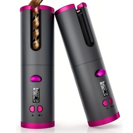 Automatic Hair Curler Wireless Automatic Hair Curler Ceramic Rotating Cordless USB Charging Timer LCD Digital Display(Pink)
