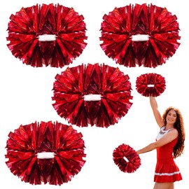 4 Pcs Metallic Cheerleading Pom Poms, 12Inch Cheerleader Pompoms with Baton Handle for Kids Adults School Team Sports Games Dance Cheering (Red)