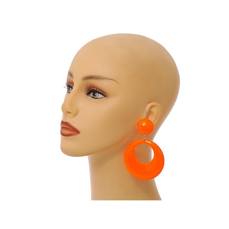 Solid Round Glossy Acrylic Dangle Earrings in Orange Colour/85mm Long/Large