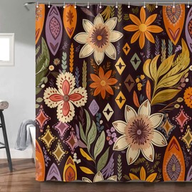 Fowocu Boho Floral Shower Curtain Orange Abstract Bohemian Flowers Botanical Leaf Bathroom Curtain Vintage Mid Century Modern Waterproof Fabric Shower Curtains for Bathroom Decor 72x72 inch