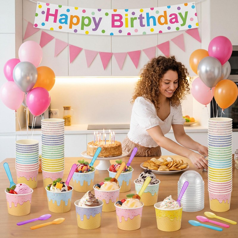 Jingmore 60 Set 4oz Ice Cream Paper Cups with Lids