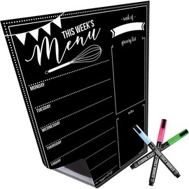 Cinch  Meal Planner for Refrigerator 16"x12"- Menu for Refrigerator w/ 3 Neon Chalk Markers- Weekly Meal Planner  Blackboard & Dinner Menu Board for Kitchen, Kitchen Menu Board
