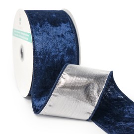 Terciopelo azul marino con cinta metálica plateada con alambre de 2.5 x 10 yardas para decoración del árbol de Navidad, decoración del hogar, corona, envoltura de regalos, manualidades