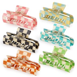 Airsky 6 Pcs Checkered Claw Clips- 3.9” Larger Colorful Hair Clips with Strong Hold for Long Thick Hair, Cute Claw Clip Bulk in Stylish Y2k Checkered Design for Girl, Women 90s Party Hair Accessories