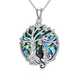 TOUPOP Two Cats Necklace 925 Sterling Silver Cat Necklace Tree of Life Necklace with Abalone Shell Cat Lovers Jewelry Gifts for Women Birthday Christmas