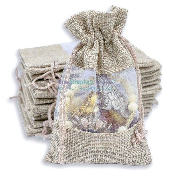 TheDisplayGuys - 48-Pack 5x7 Linen Burlap & Sheer Organza Gift Bag with Drawstring for Party Favors, Presents, Samples & Treats Mesh Pouch (Beige, Medium)