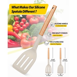 Pack of 2 Silicone Cooking Spatula, Heat Resistant Solid Turner, Non Stick Slotted Spatulas with Wooden Short Handle,Ideal Wood Kitchen Utensils Set for Frying, Baking, Flipping, Turning