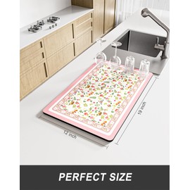 Rnivvi Dish Drying Mat for Kitchen Counter, 12 x 19" Cute Flower Theme Super Absorbent Draining Pad, Non-Slip Heat Resistant Coffee Bar Mats for Coffee Machine Station Accessories, Pink Dish Rack Pad