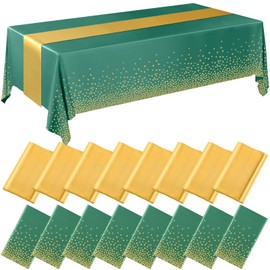 Tudomro 16 Pcs Green and Gold Disposable Plastic Tablecloths and Satin Table Runner Set 54x108 Inch Tablecloth 12x108 Inch Table Runners for New Year Wedding Birthday Baby Shower Graduation