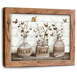 Tijuboni Farmhouse Bathroom Decor Wall Art, Rustic Cotton Flower Canvas Prints with Relax Soak Unwind Signs, Country Floral Framed Pictures Artwork for Bathroom 8"x10"