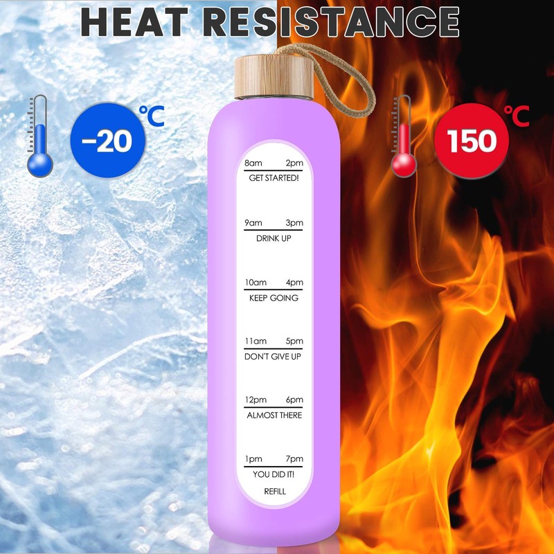 PROBTTL 32 Oz Borosilicate Glass Water Bottle with Time Marker