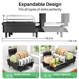 SAYZH Dish Drying Rack - Expandable Dish Rack for Kitchen Counter, Rust-Resistant Dish Drainer with Utensil Holder and Raised Guardrail, Kitchen Organizer for Cup and Bottle (Black)