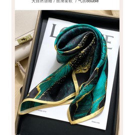 FEIBOON 100% Pure Mulberry Silk Scarfs 26"x26" Square Scarf Women Neckerchief Headscarf hair scarf bandana Gift Packed (Green + gold)