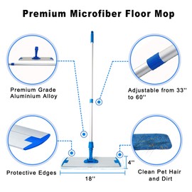 Mr. Towels Premium Microfiber Floor Mop + 2 Reusable 18" Washable Mop Pads. 360 Rotating Aluminum Extended Handle, Adjustable 33" - 60". The Perfect Solution as Tile, Laminate, Hardwood Floor Cleaner