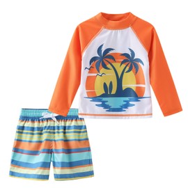 Aisyee Baby Boys Rash Guard Set for Toddler Boys Swim Set with Swim Trunks Long Sleeve Bathing Suits Beach Sunset 24 Months
