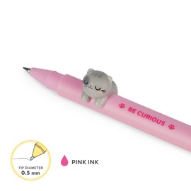 Legami - Gel Pen with Decorative Animal, Prevent Rolling, Pink Ink, Removable and Recombinable Animal, 0.5 mm Tip, Kitty Theme, 1 Unit (Pack of 1)