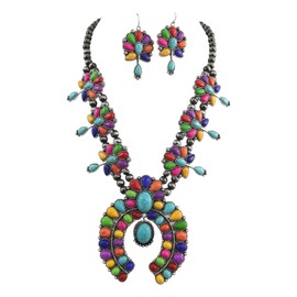 Skelapparel Southwestern Multi Color Squash Blossom Statement Necklace & Earrings Set
