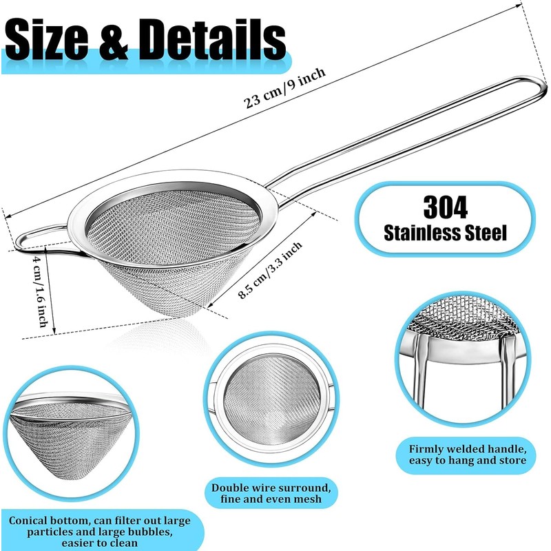 2pcs Fine Mesh Strainer with Handle Cocktail Strainer Stainless Steel