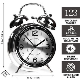 AYRELY® Alarm Clock Loud for Deep Sleepers, Double Bells Retro Alarm Clock, 4 Inches, Analogue Alarm Clock without Ticking, Metal Dial with Night Light for Bedrooms and Bedside Tables (Grey)
